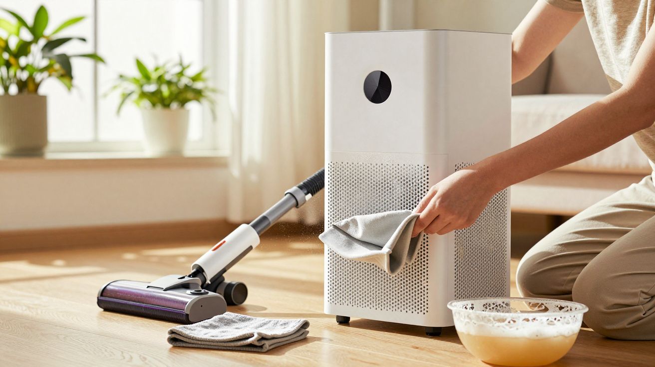 Osoba wymieniająca filtr w oczyszczaczu powietrza na drewnianej podłodze, obok mop i miska.