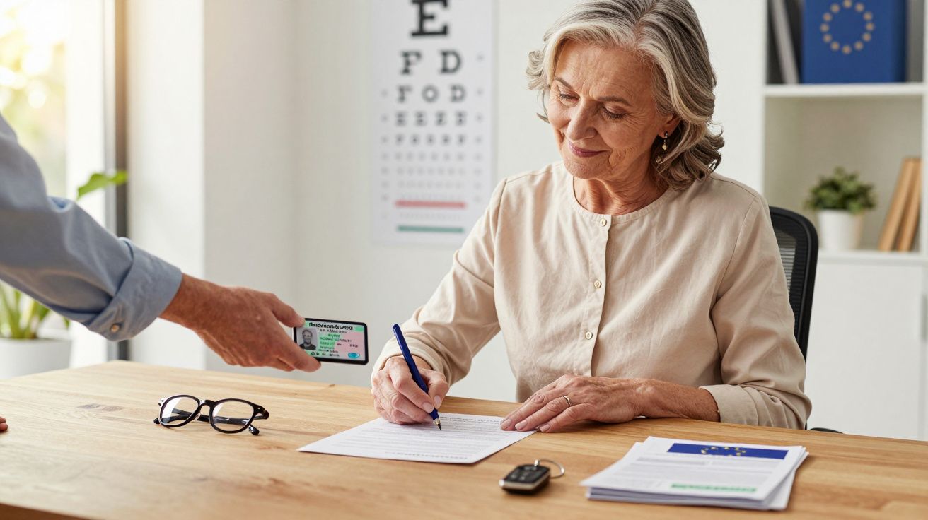 Starsza kobieta przy biurku podpisuje dokument, obok okulary i klucze, mężczyzna pokazuje dokument tożsamości.