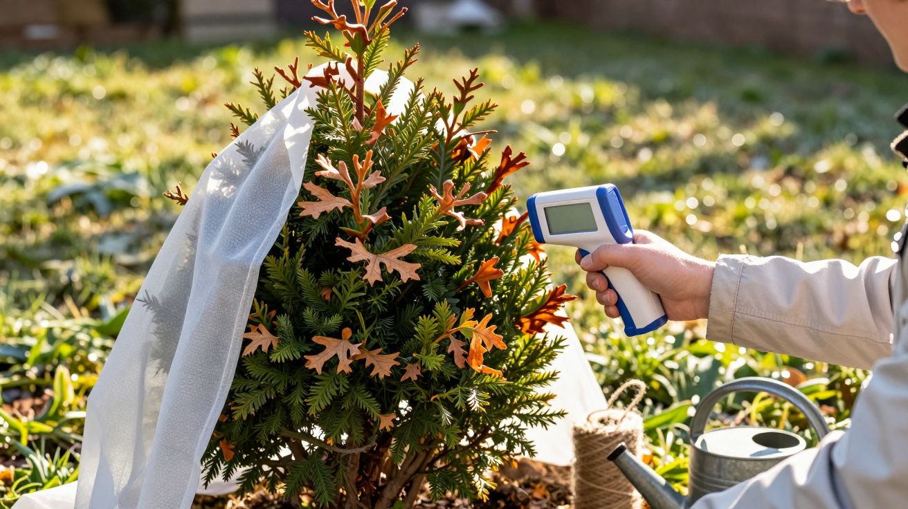 Osoba mierząca temperaturę krzewu owiniętego agrowłókniną w ogrodzie.