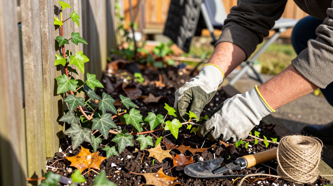 Osoba w rękawicach ogrodniczych pielęgnuje bluszcz przy drewnianym ogrodzeniu w ogrodzie.