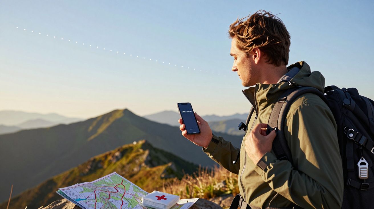 Mężczyzna na szlaku górskim z plecakiem, mapą i telefonem, patrzący na ekran.