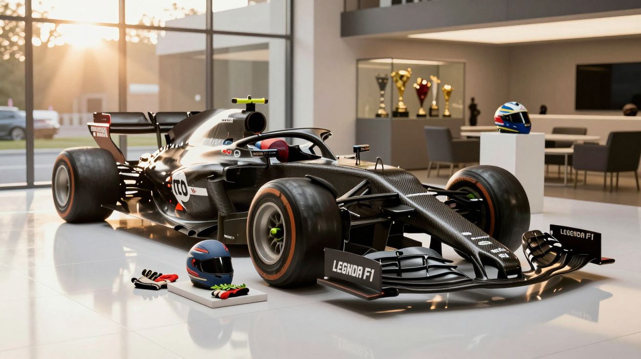 Czarny bolid wyścigowy z kaskiem i rękawicami w nowoczesnym salonie, w tle półka z trofeami.