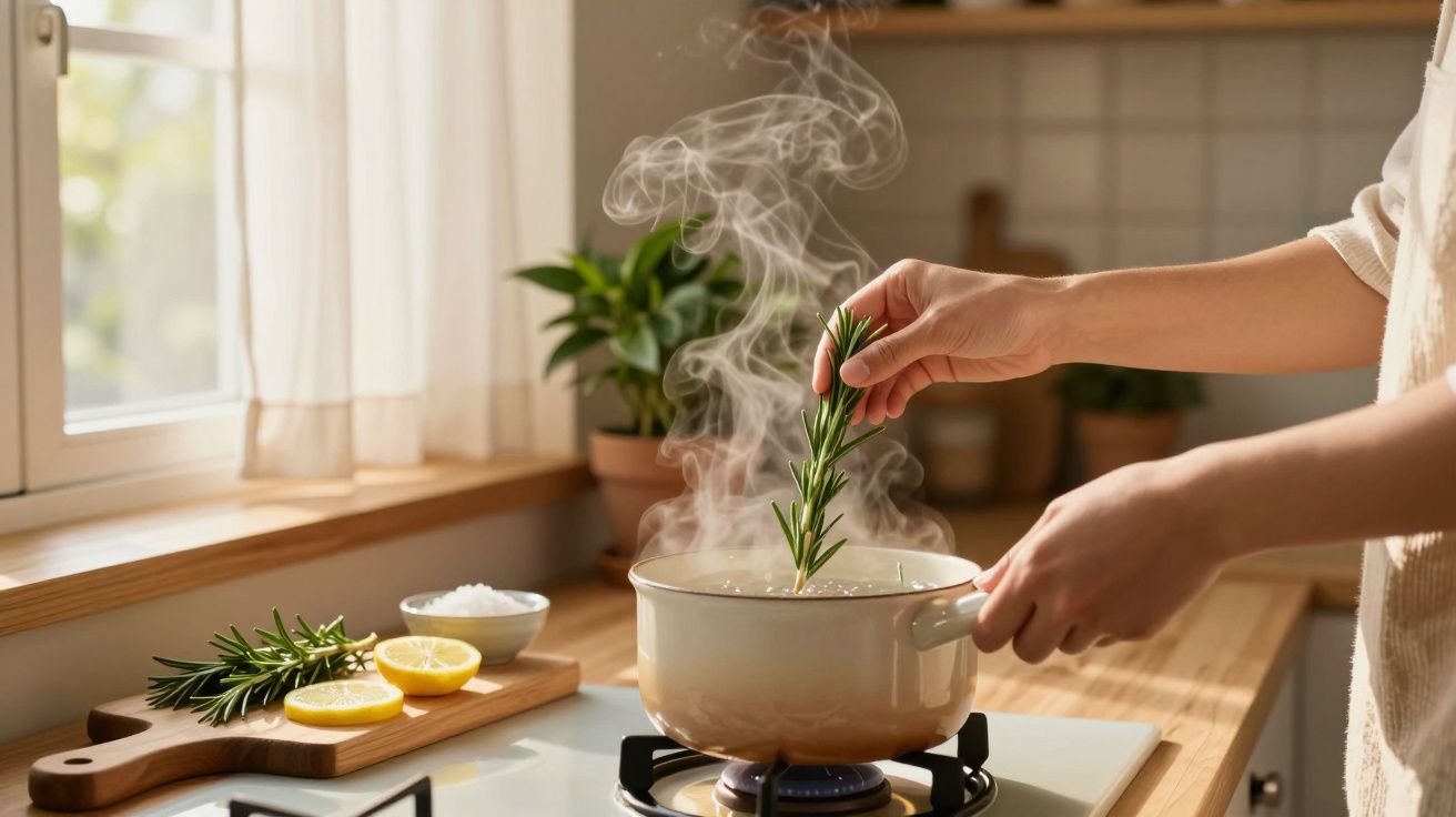 Osoba dodaje gałązkę rozmarynu do garnka z gotującą się wodą na kuchence, obok leżą plasterki cytryny.