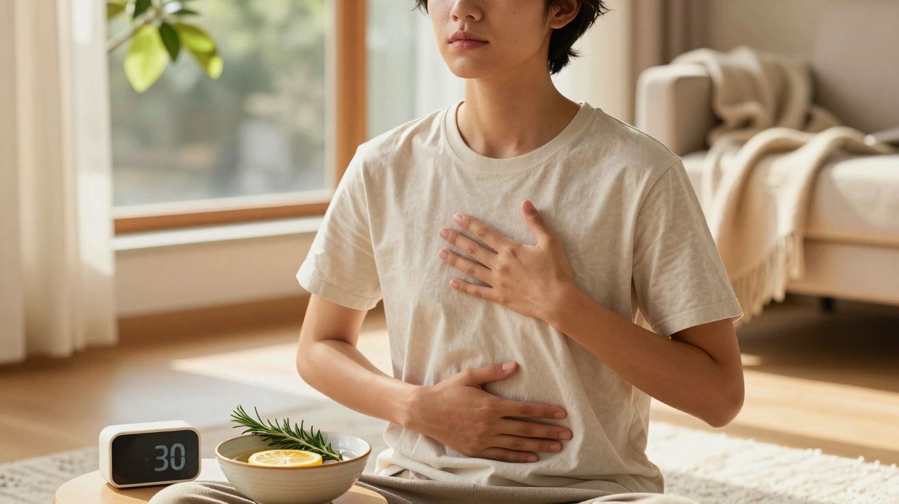 Osoba medytująca siedząca na macie w jasnym pokoju, z zegarem i miską z cytryną przed sobą.