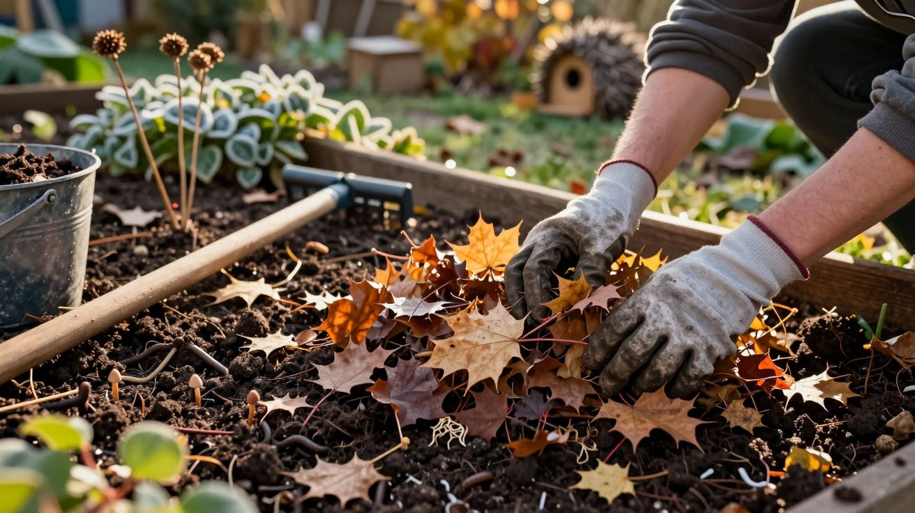 Osoba w rękawicach ogrodniczych układa liście klonu na grządce, obok leży grabie i wiadro w słoneczny dzień.