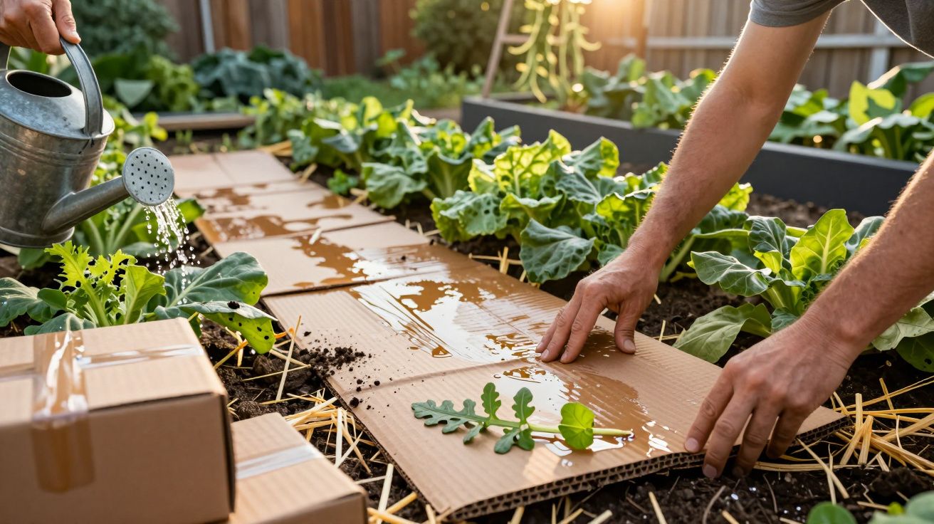 Osoba podlewa rośliny w ogródku warzywnym. Kartonowe pudełka służą jako ściółka między grządkami.