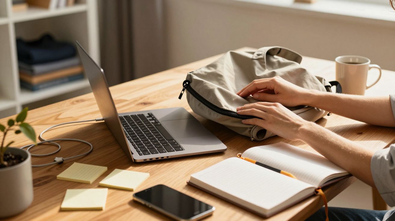 Osoba przy biurku z laptopem, telefonem, notatnikiem i torbą. Na biurku leży kubek i karteczki.