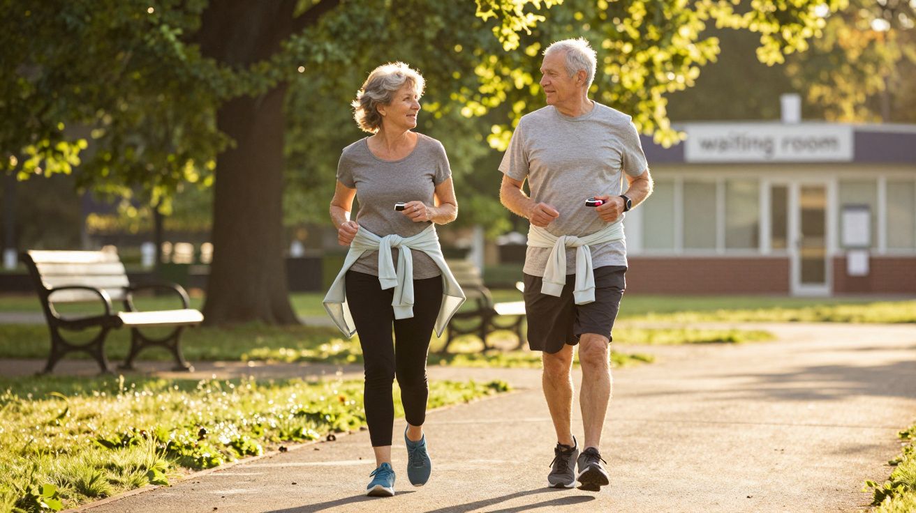 Starsza para spaceruje po parku w słoneczny dzień, ubrana w sportowe stroje.