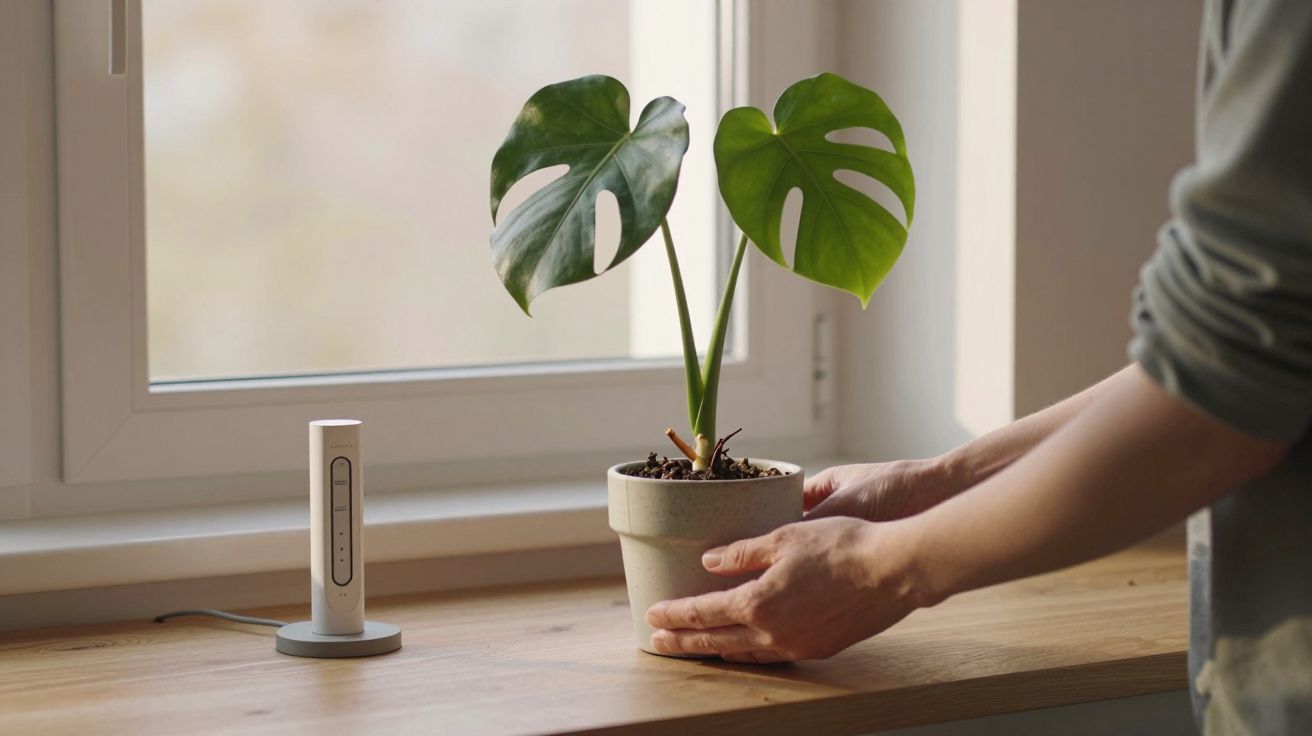Osoba umieszcza roślinę doniczkową na parapecie obok urządzenia elektronicznego.