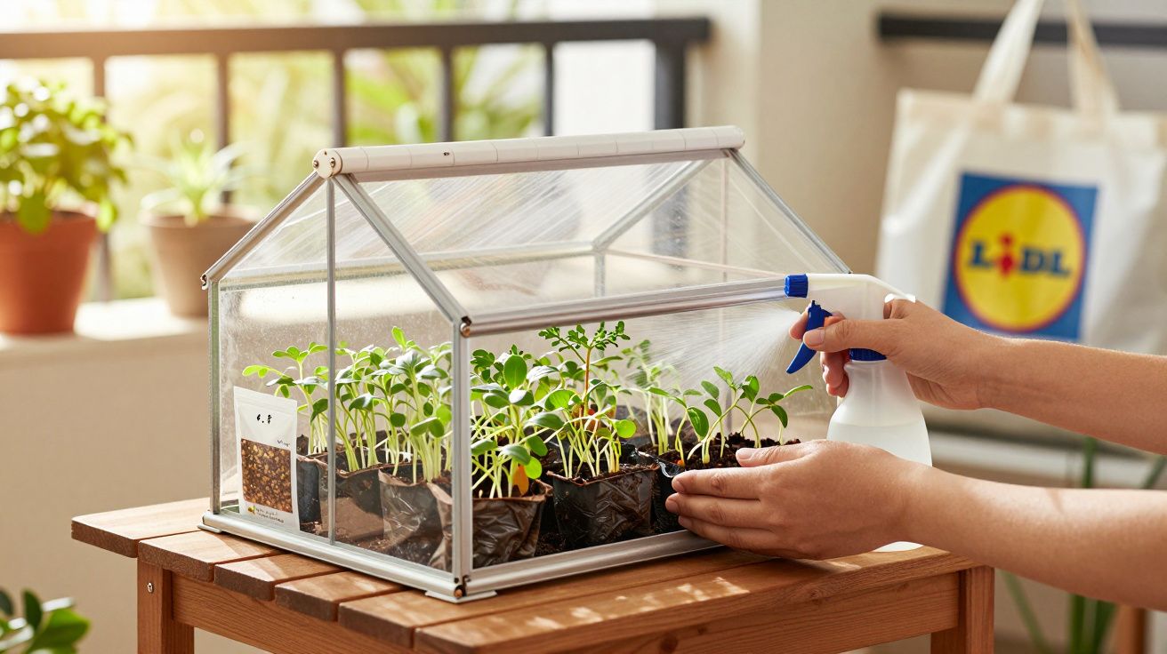 Osoba podlewa rośliny w małej szklarni na drewnianym stole, w tle torba i inne rośliny.