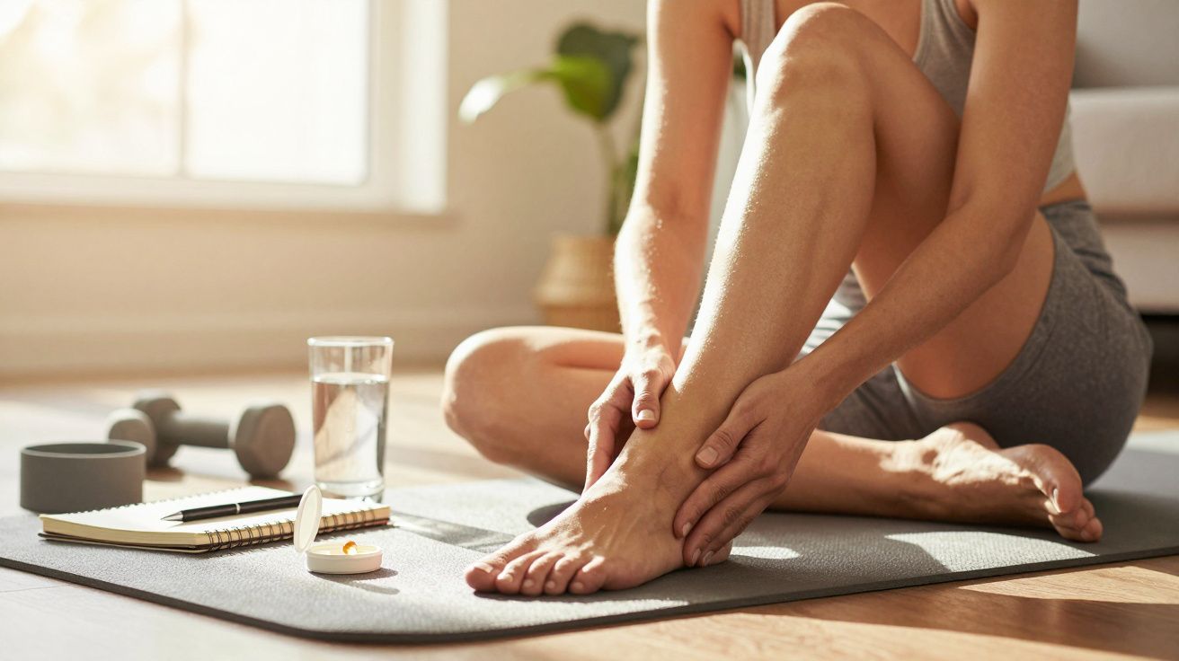 Osoba siedząca na macie do jogi, trzyma kostkę. Obok leżą notatnik, szklanka wody, taśmy i ciężarki.