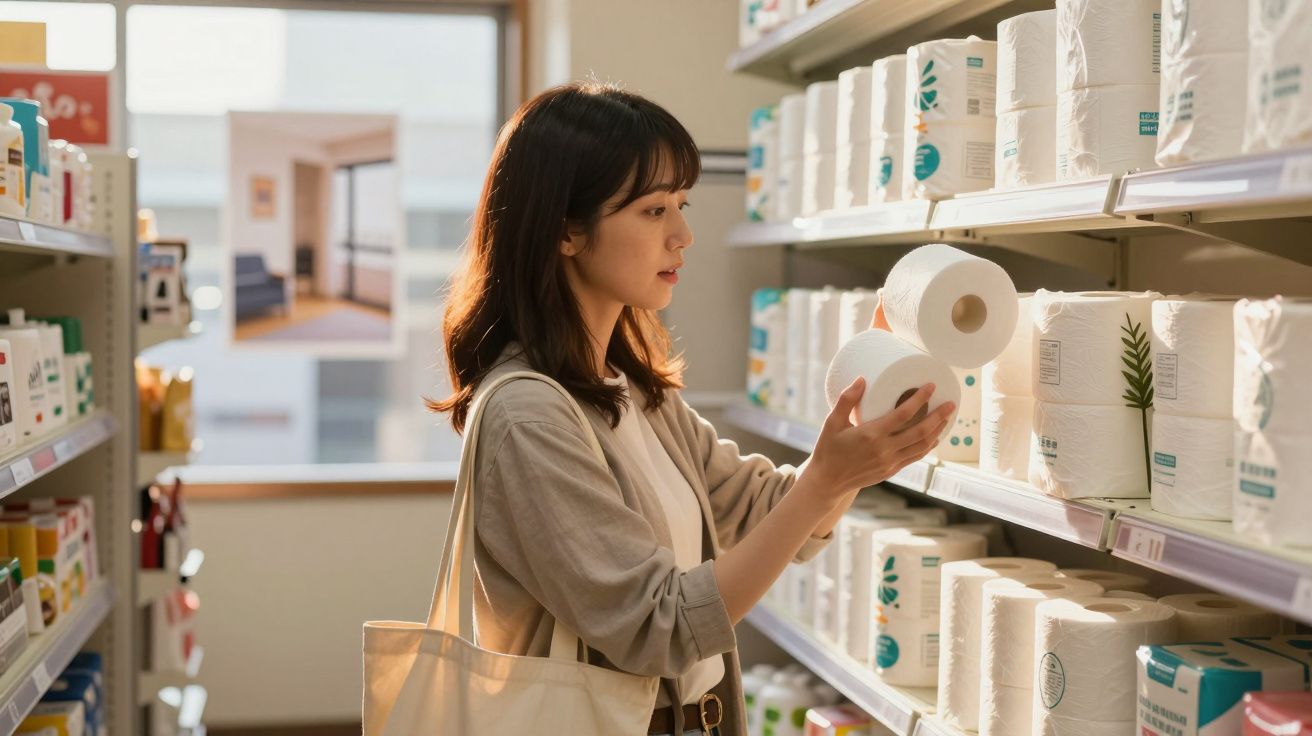 Kobieta wybiera papier toaletowy w sklepie, trzymając jedną rolkę w ręku.