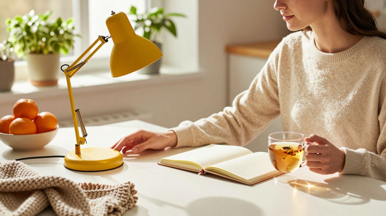 Kobieta przy biurku z notatnikiem, filiżanką herbaty, żółtą lampką i pomarańczami przy oknie.