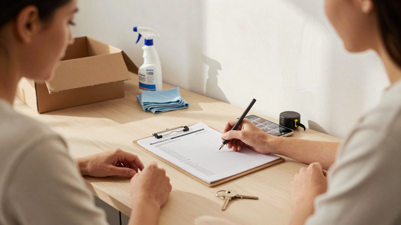 Dwie osoby wypełniają dokument na biurku. Obok leży karton, środki czystości i klucze.