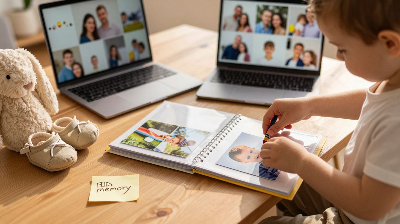 Dziecko przykleja zdjęcie do albumu na biurku. Obok dwie laptopy z wideorozmowami i maskotka królika.