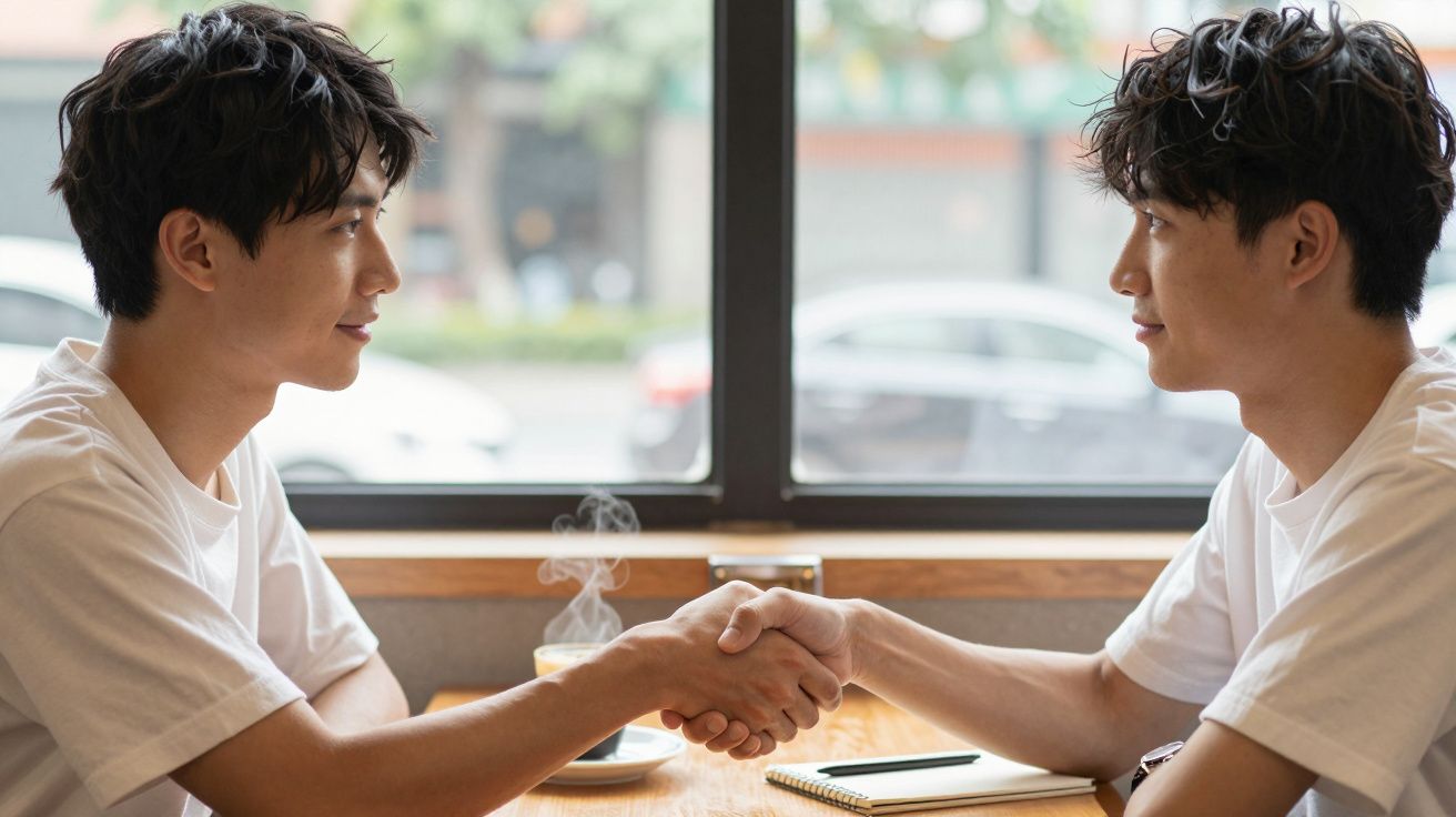 Dwóch mężczyzn w białych koszulkach podaje sobie ręce przy stoliku w kawiarni.