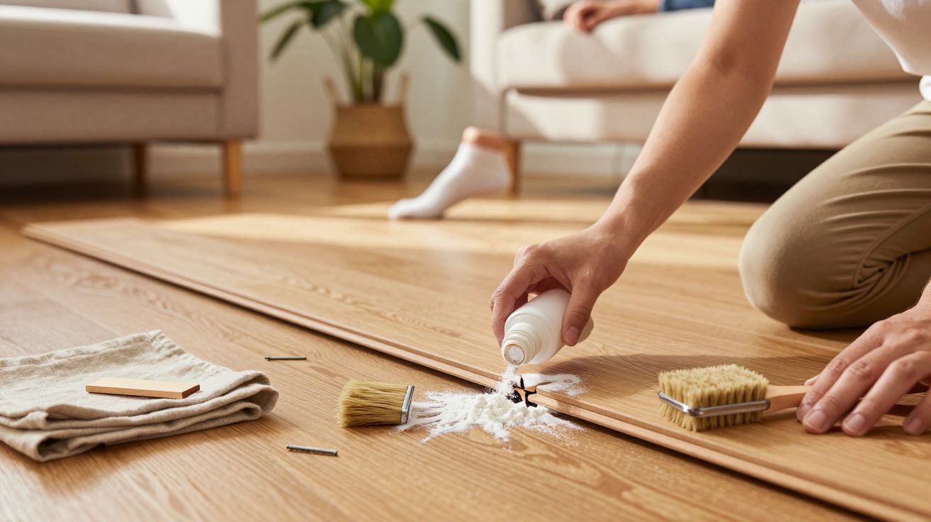 Osoba wypełniająca szparę w panelach podłogowych pastą, obok leżą pędzel, szczotka i ręcznik.