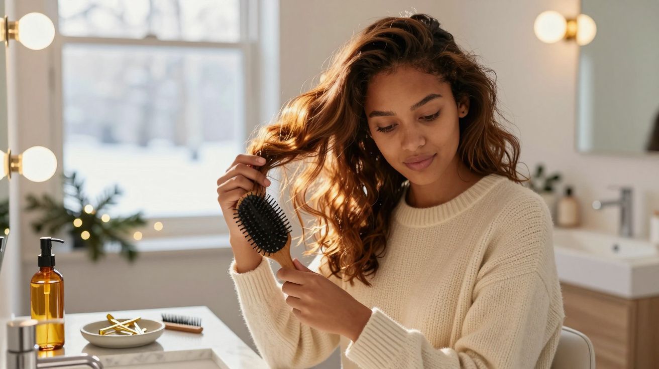 Kobieta w białym swetrze czesze długie, falowane włosy szczotką w jasnej łazience.